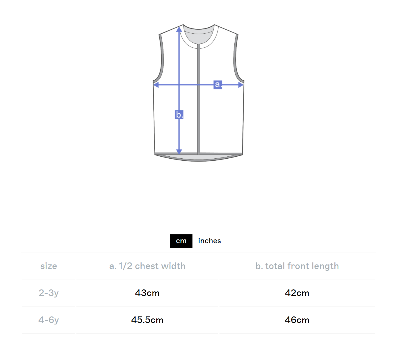Measurement chart for a sleeveless shirt with dimensions in centimeters and inches.