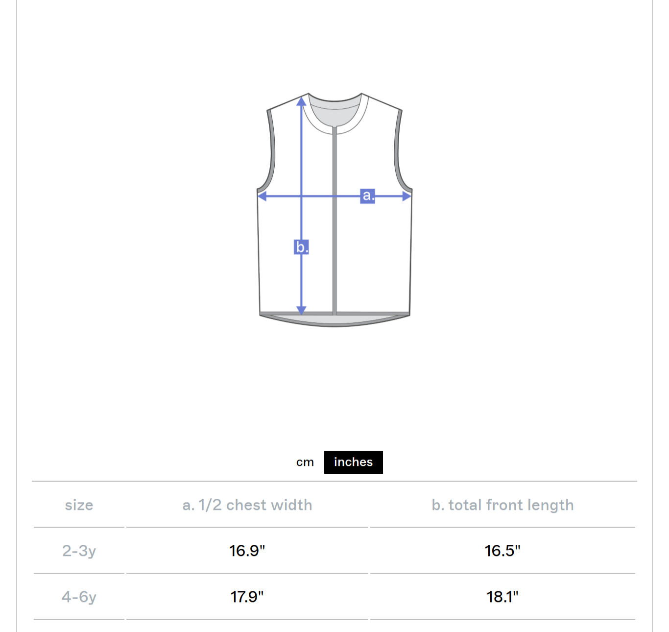 Measurement chart for a sleeveless shirt with dimensions in centimeters and inches.