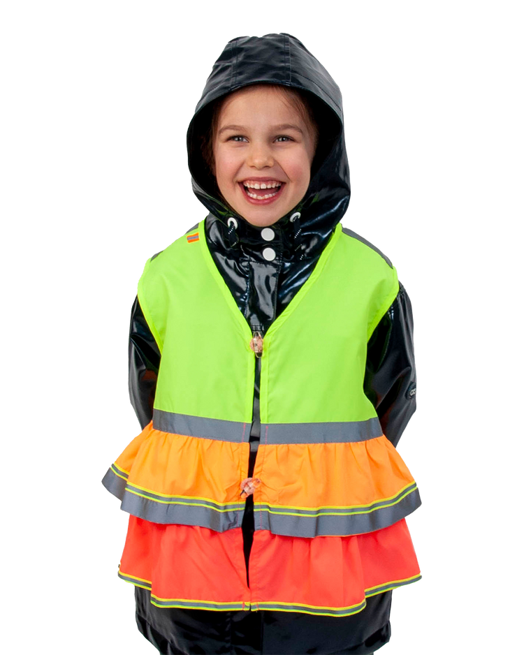 Child wearing a multicolored vest with reflective stripes on a white background