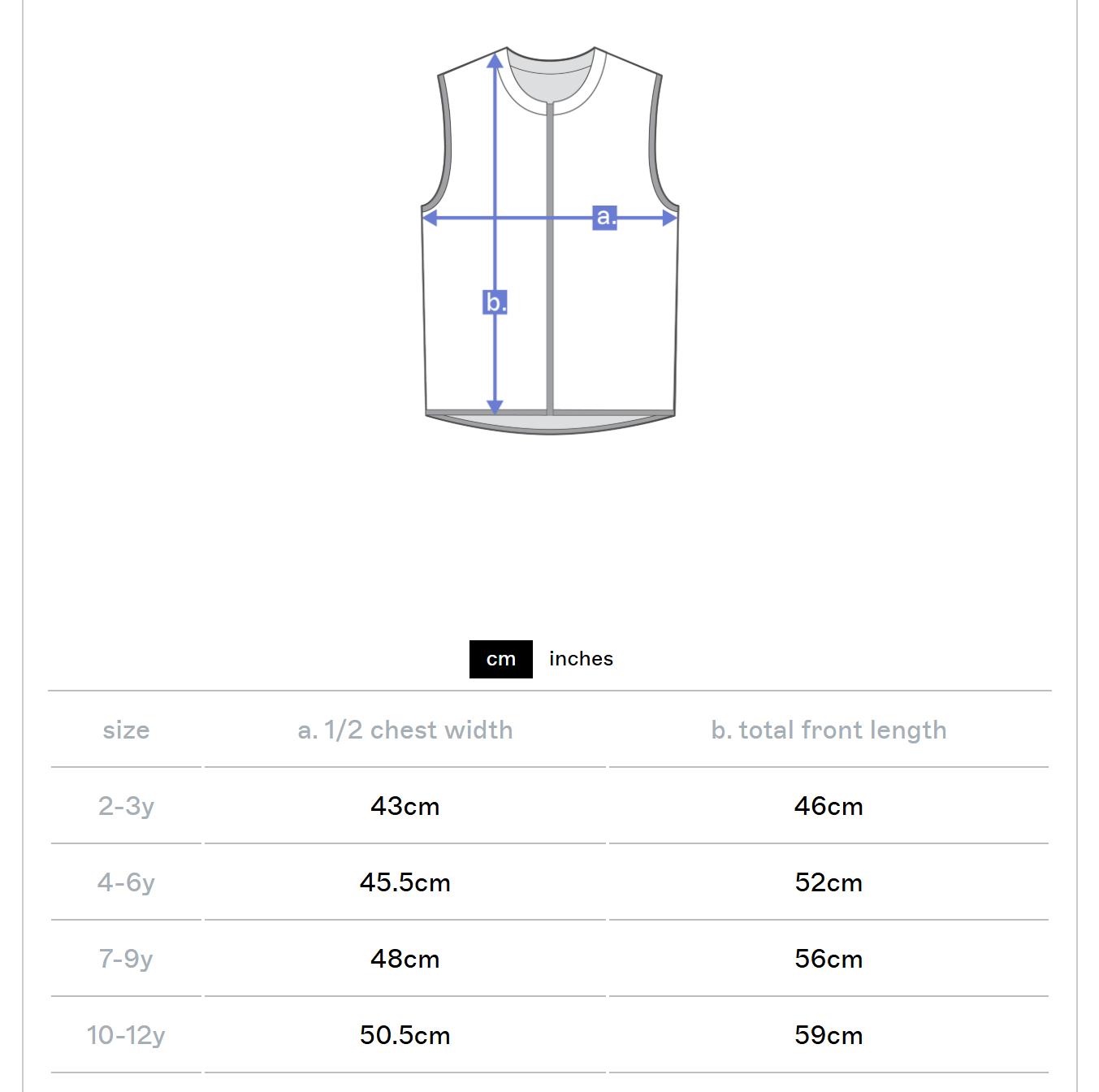 Measurement chart for a sleeveless garment with size chart below