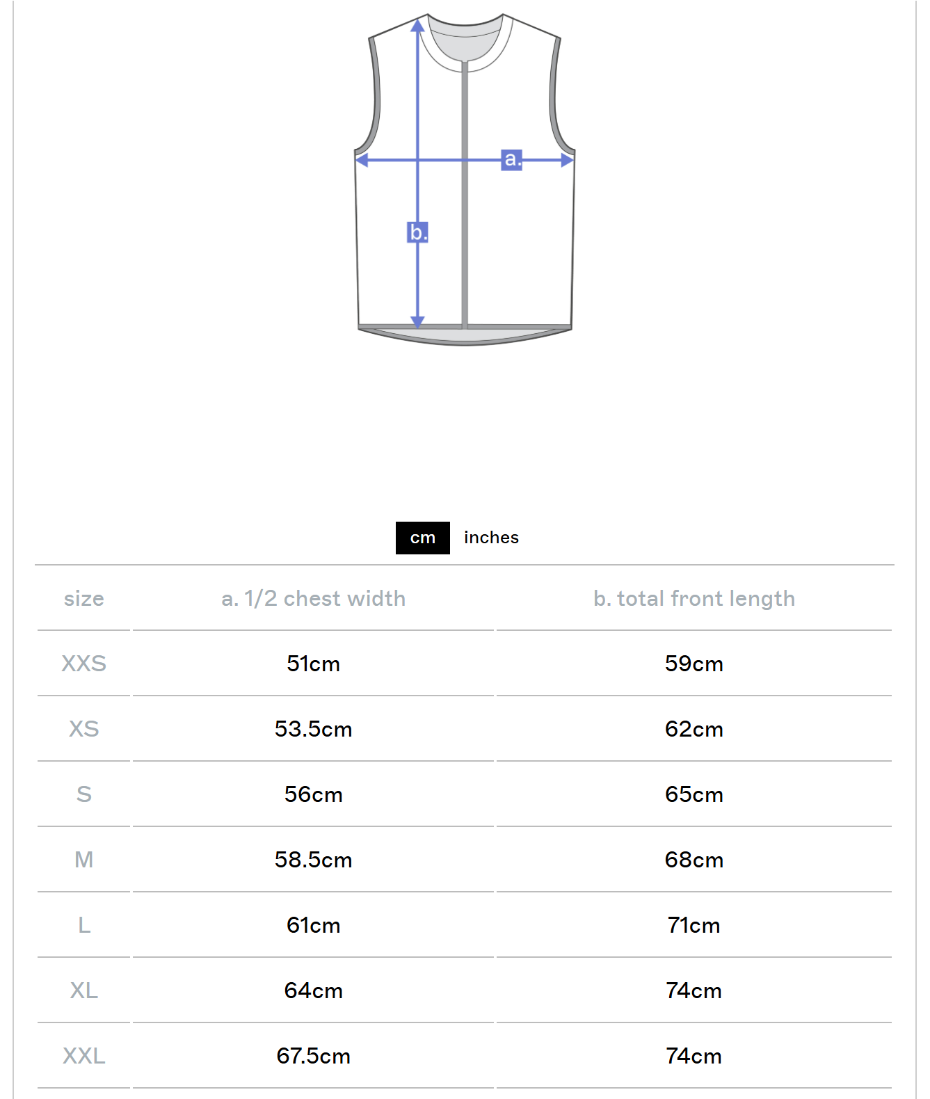 Measurement chart for a sleeveless shirt with size dimensions in centimeters and inches.