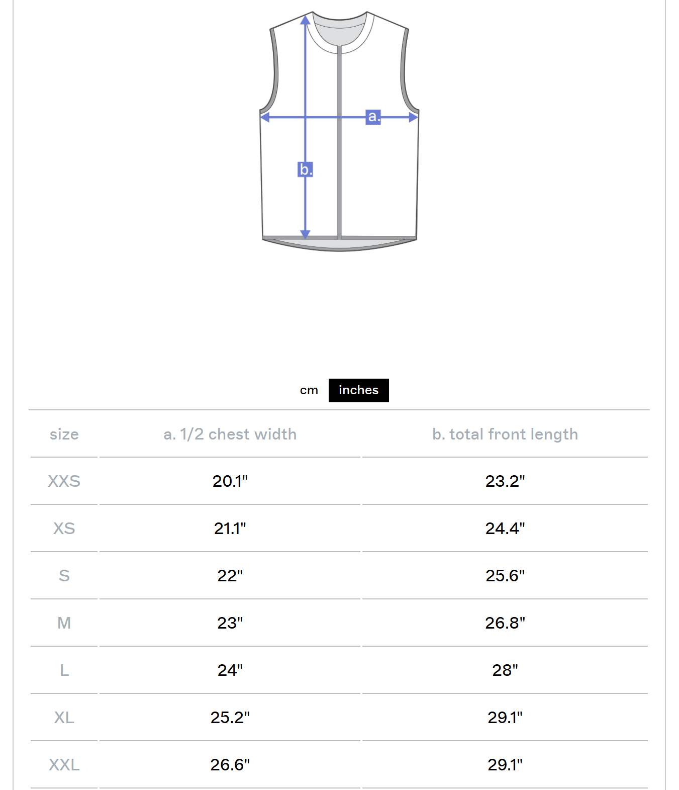 Measurement chart for a sleeveless shirt with size chart below