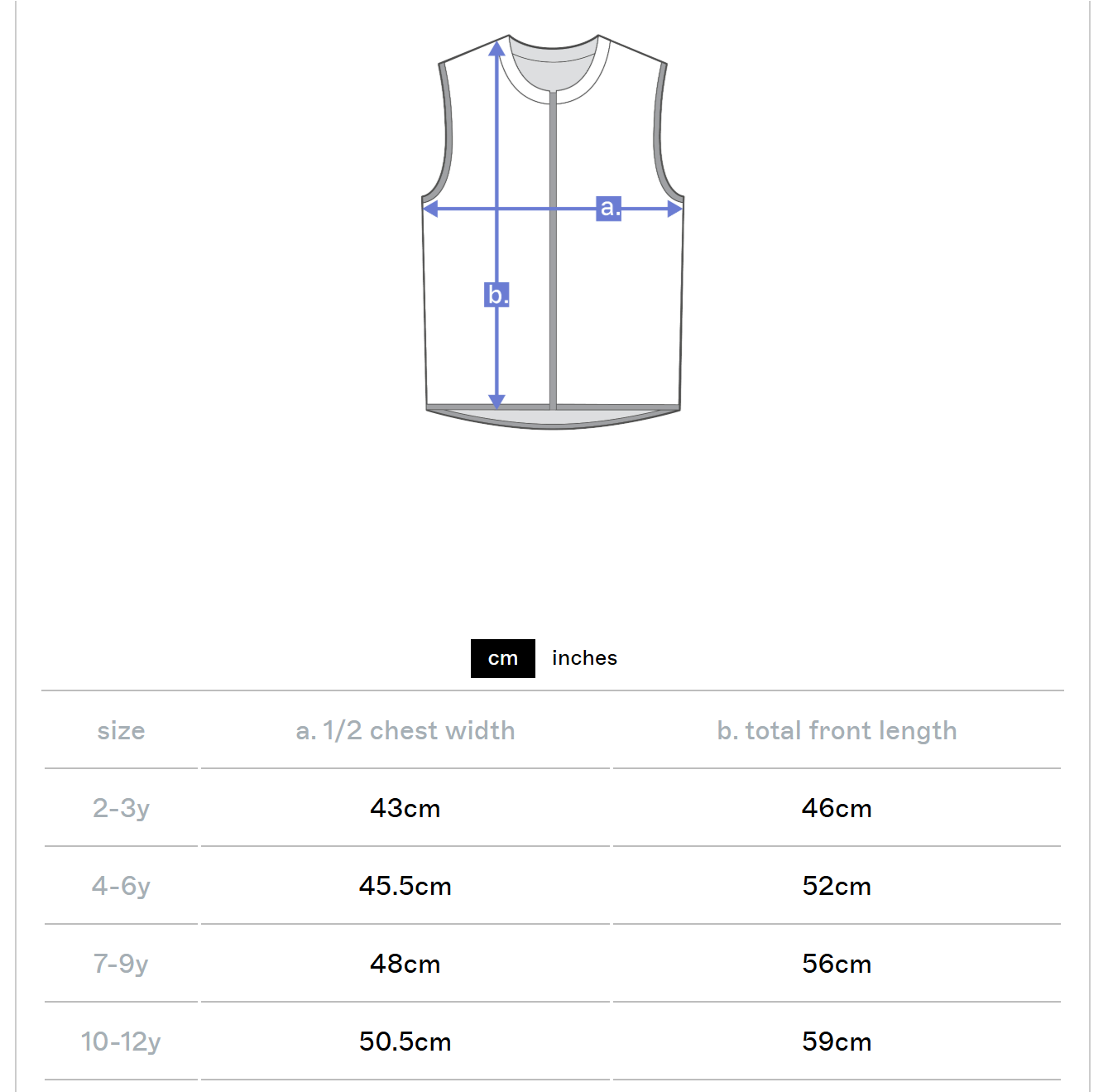 Measurement chart for a sleeveless shirt with size chart below
