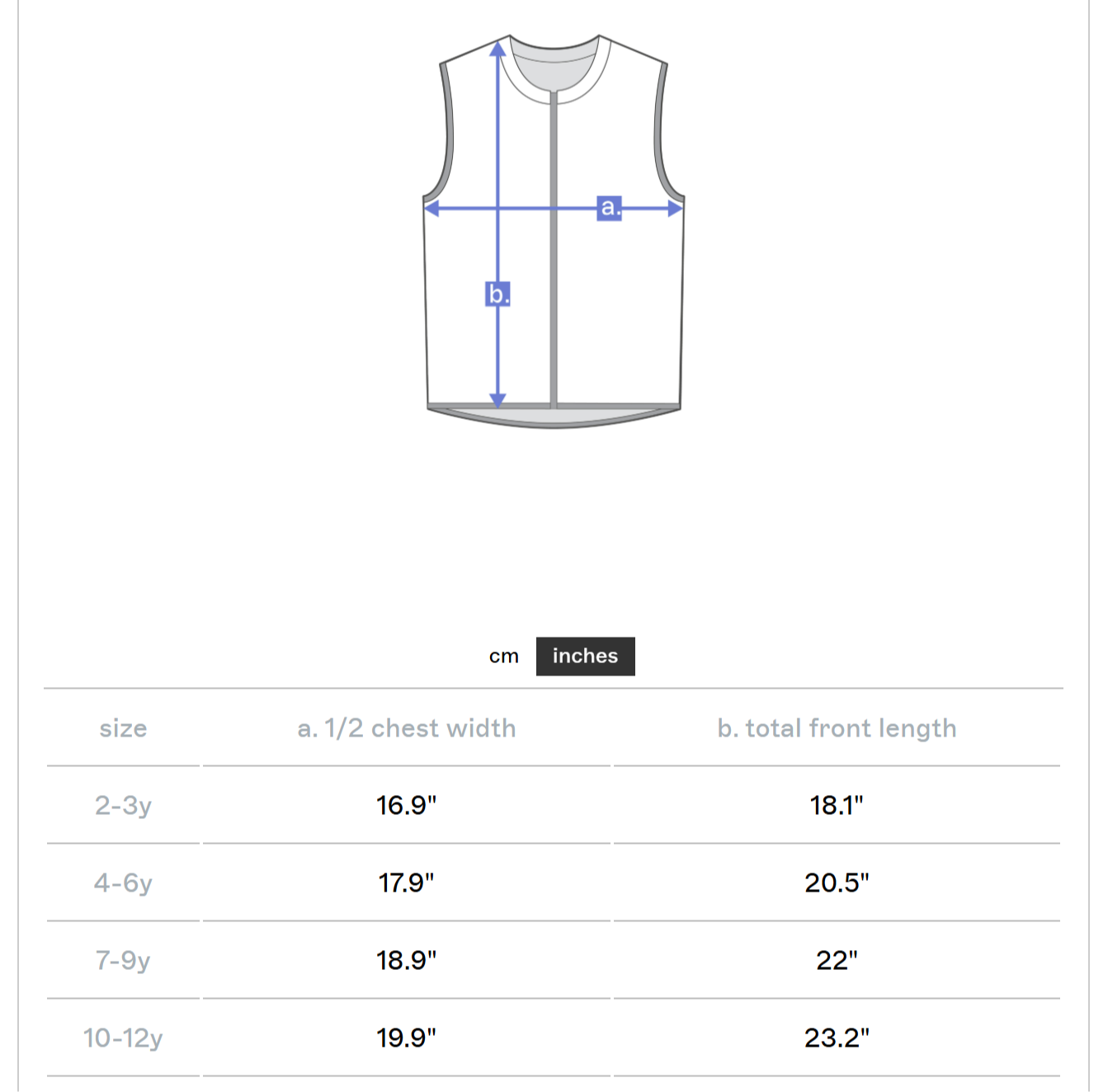 Measurement chart for a sleeveless shirt with size chart below