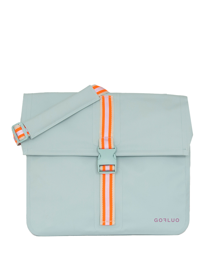 Light blue bag with orange straps on a white background