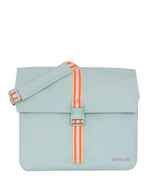 Light blue bag with orange straps on a white background