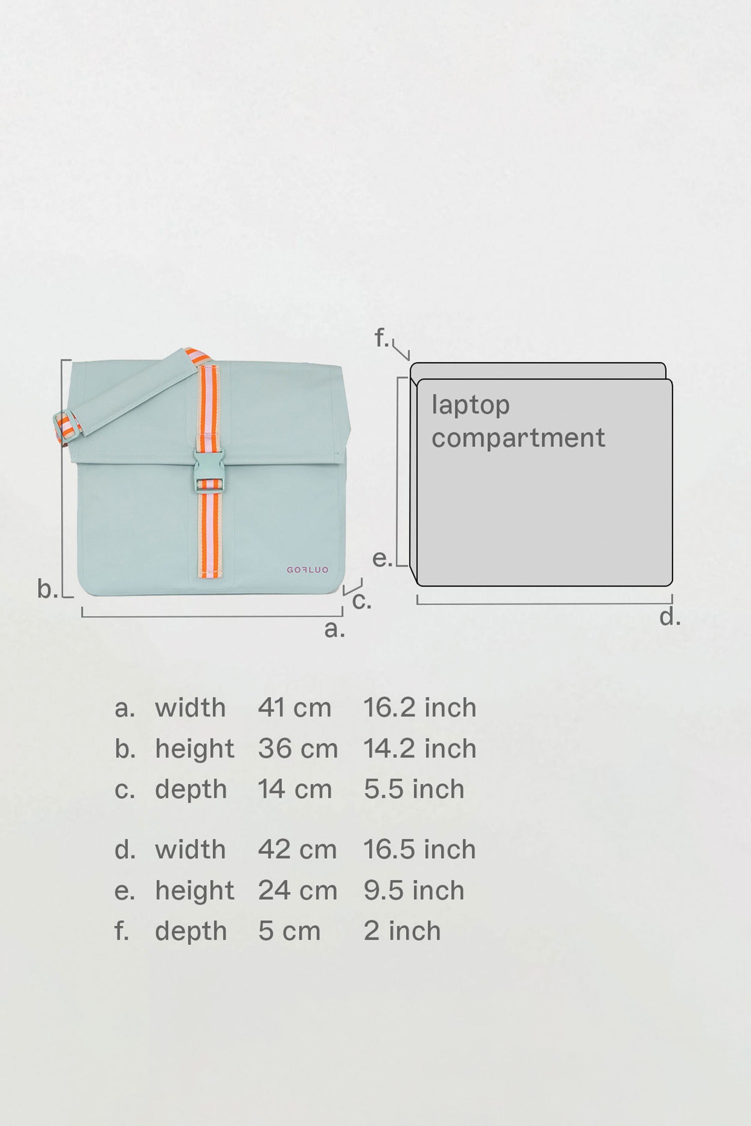 Light blue crossbody bag with orange accents and measurements on a white background