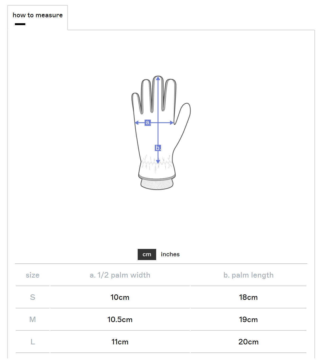 Measurement guide for gloves with a glove diagram and size chart.