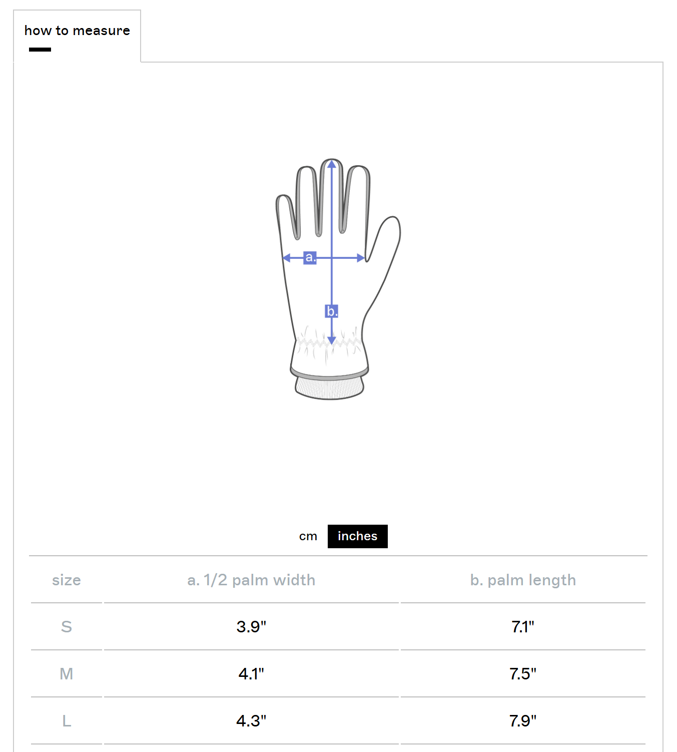 Diagram of a glove with measurement points and a size chart for glove measurements.