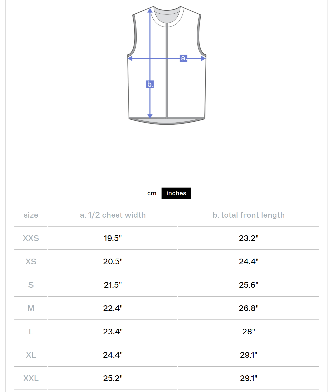Measurement chart for a sleeveless shirt with size chart on a white background
