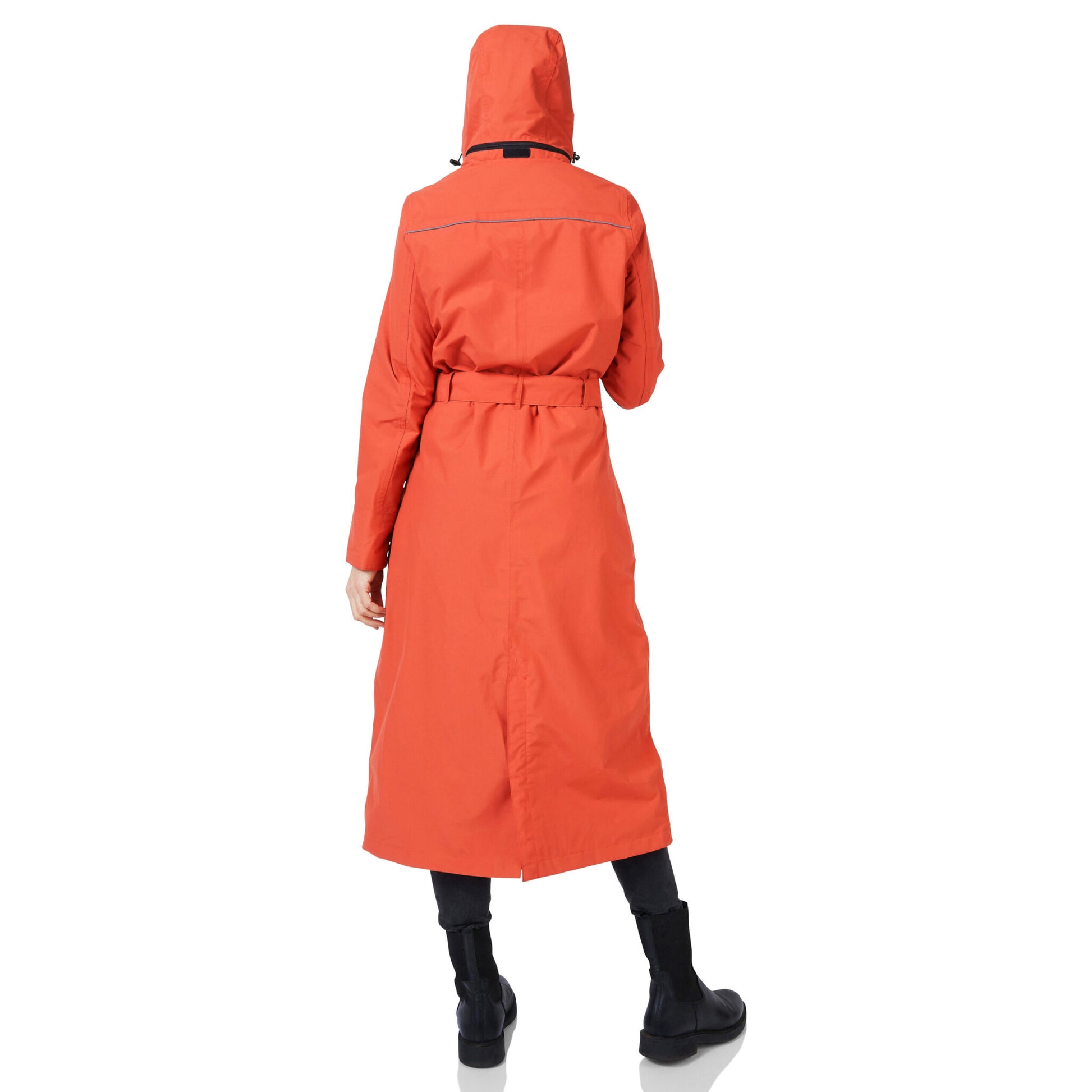 Person wearing an orange raincoat on a white background