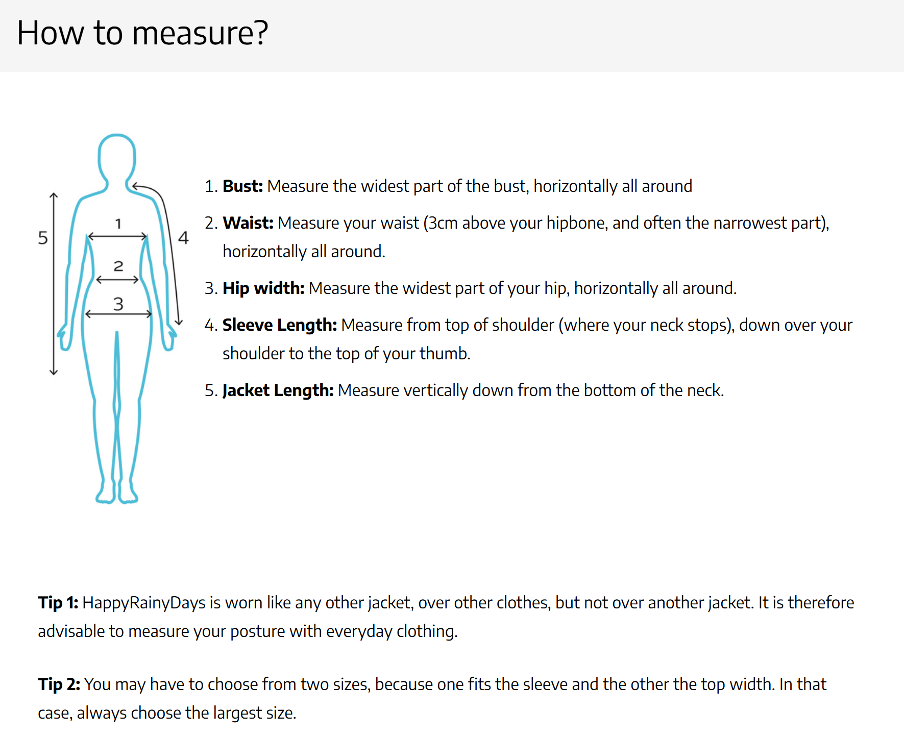 Instructions on how to measure for a jacket with a body outline diagram and measurement points.