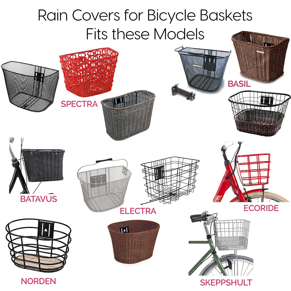 Rain covers for bicycle baskets with various basket models displayed.
