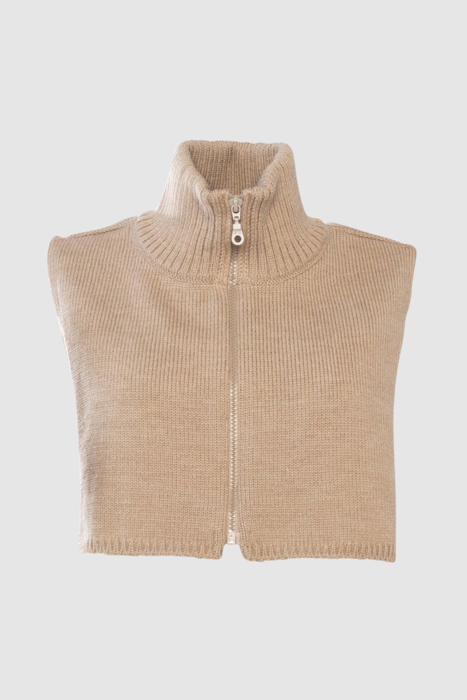 Beige knitted snood with a zipper on a light grey background