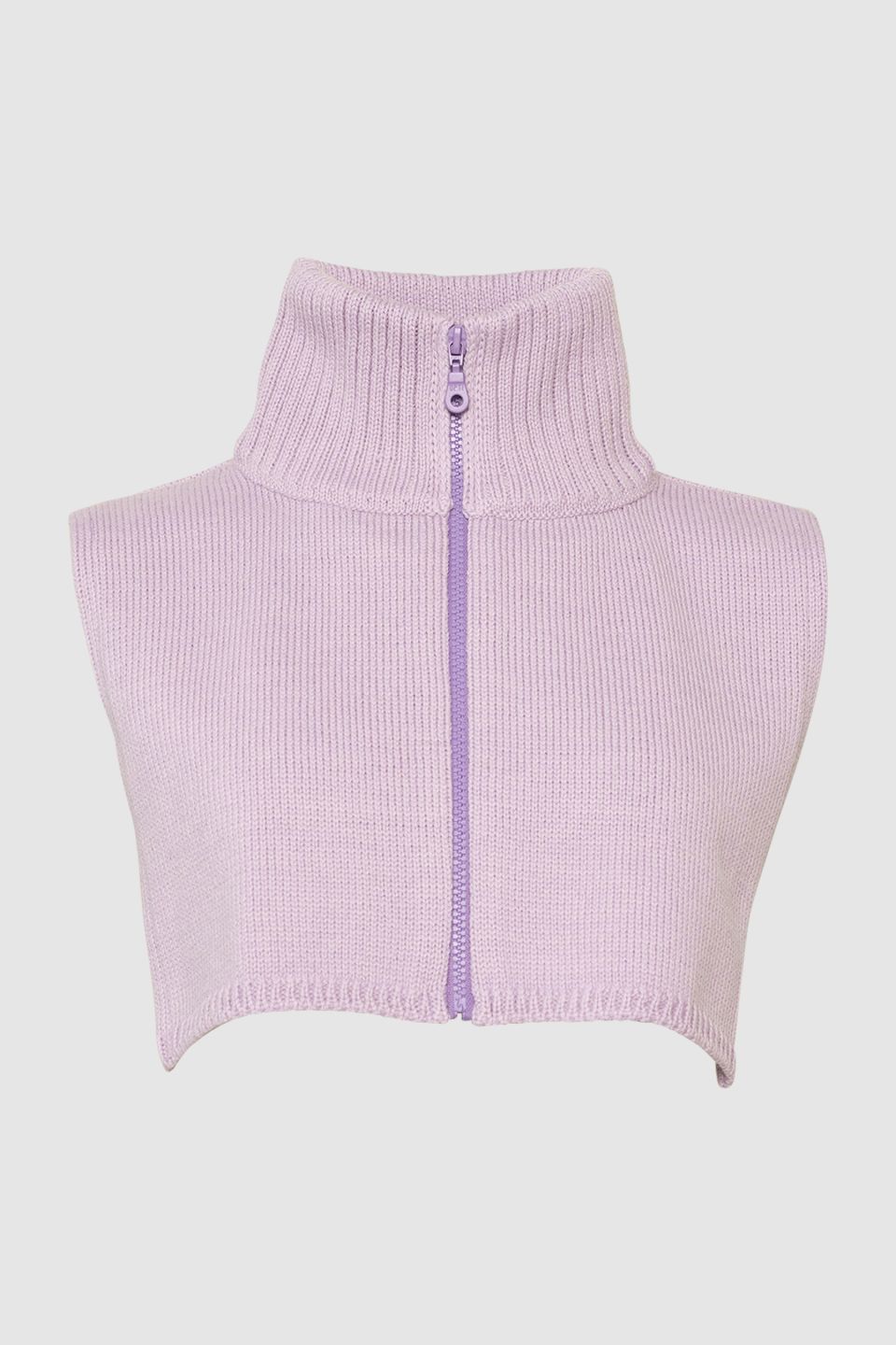 Light purple ribbed knit  snood with a zipper on a light grey background