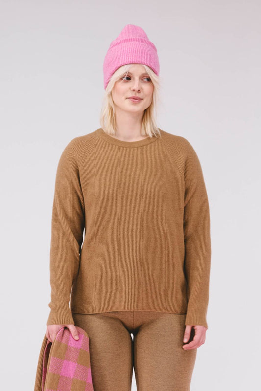 Person wearing a brown sweater and pink beanie holding a pink and green bag against a white background