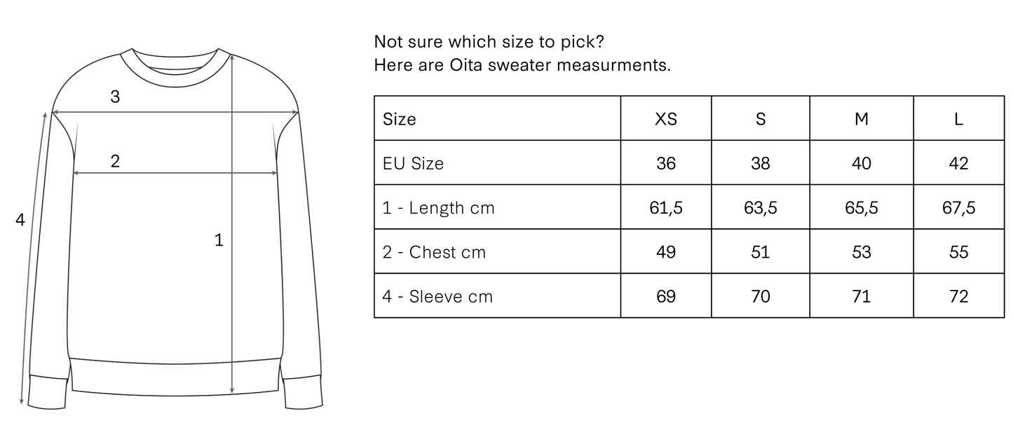 Ohta sweater measurement chart with size guide and dimensions.