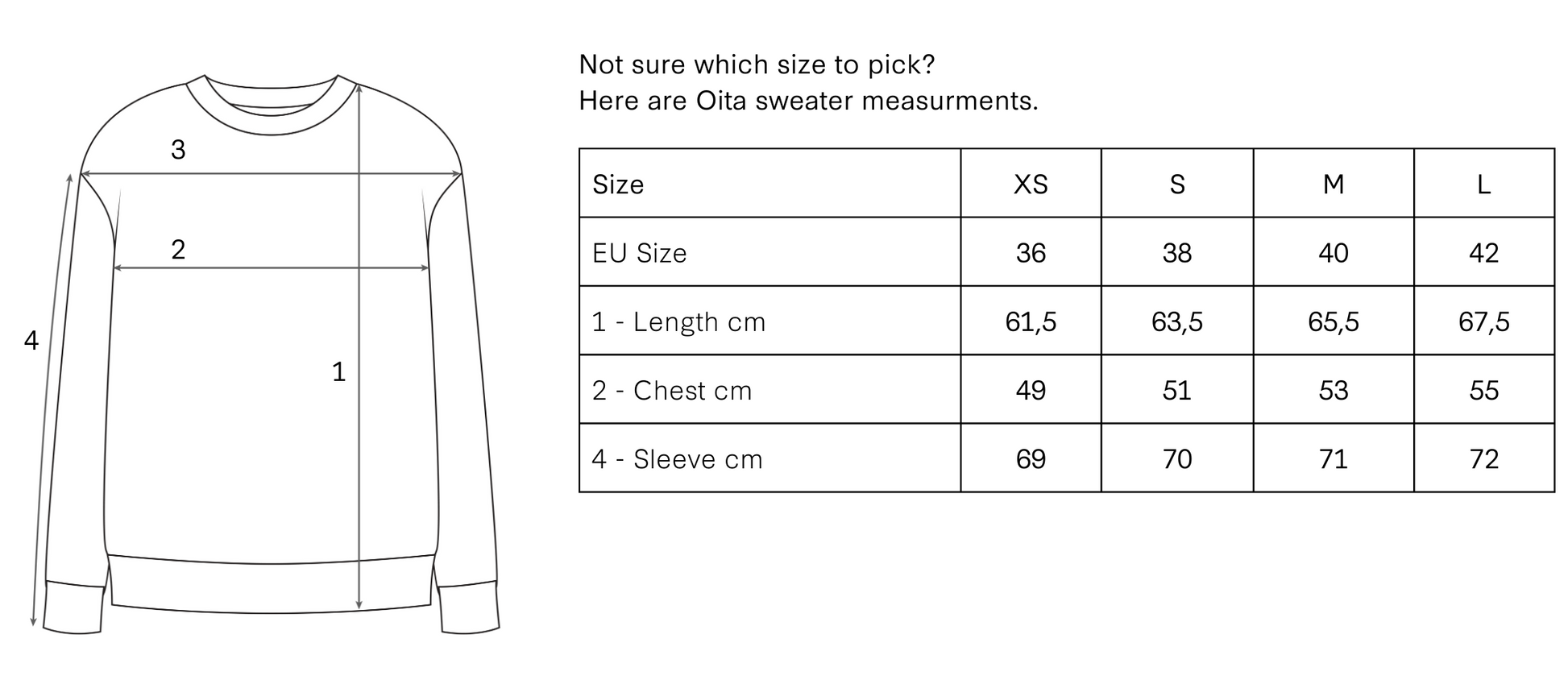 Ohta sweater measurement chart with size guide and dimensions.