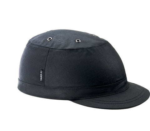 A black Yakkay helmet cover with a brim and eyelets, designed to go over a bicycle helmet.