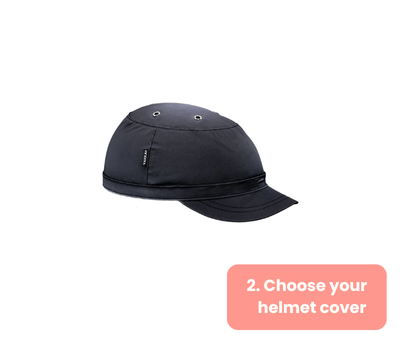 Black helmet cover on a white background with text '2. Choose your helmet cover'.