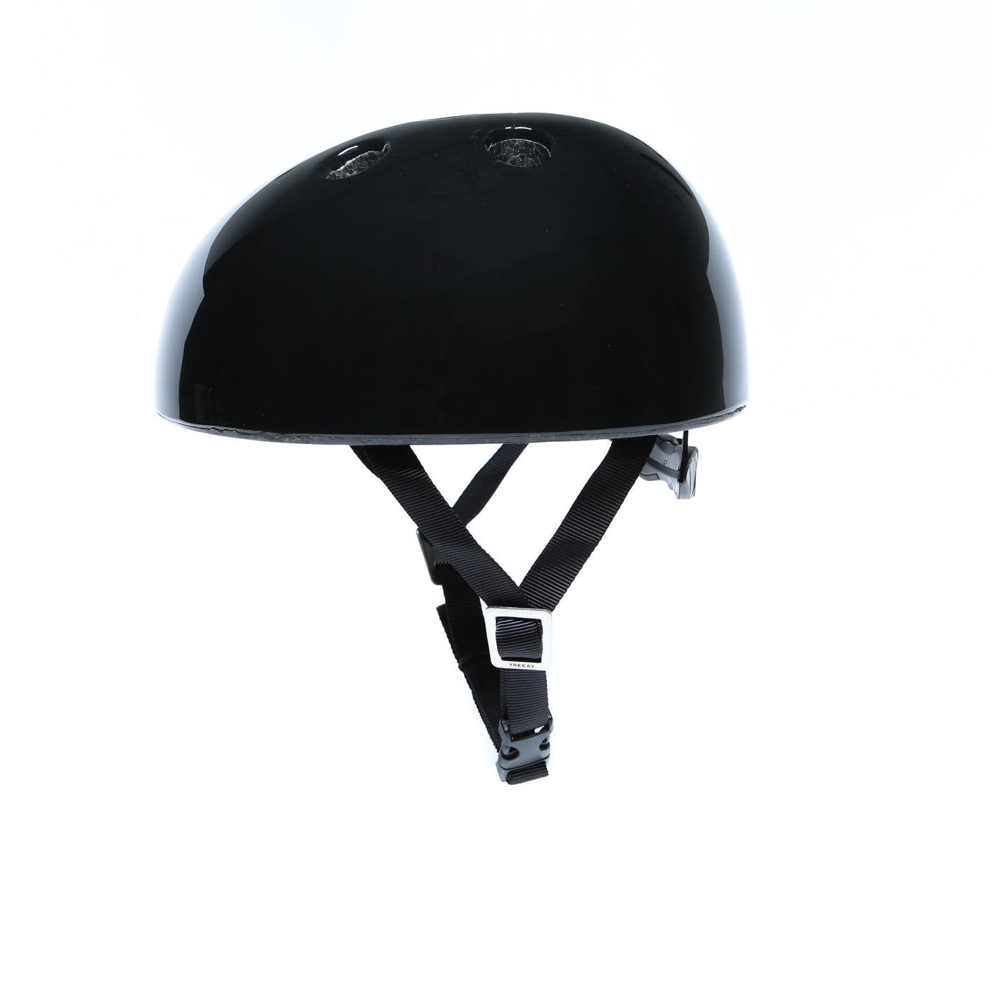 Black helmet with a strap on a white background
