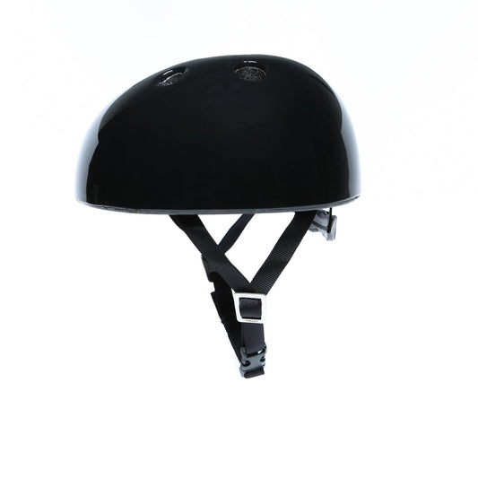 Black helmet with a strap on a white background