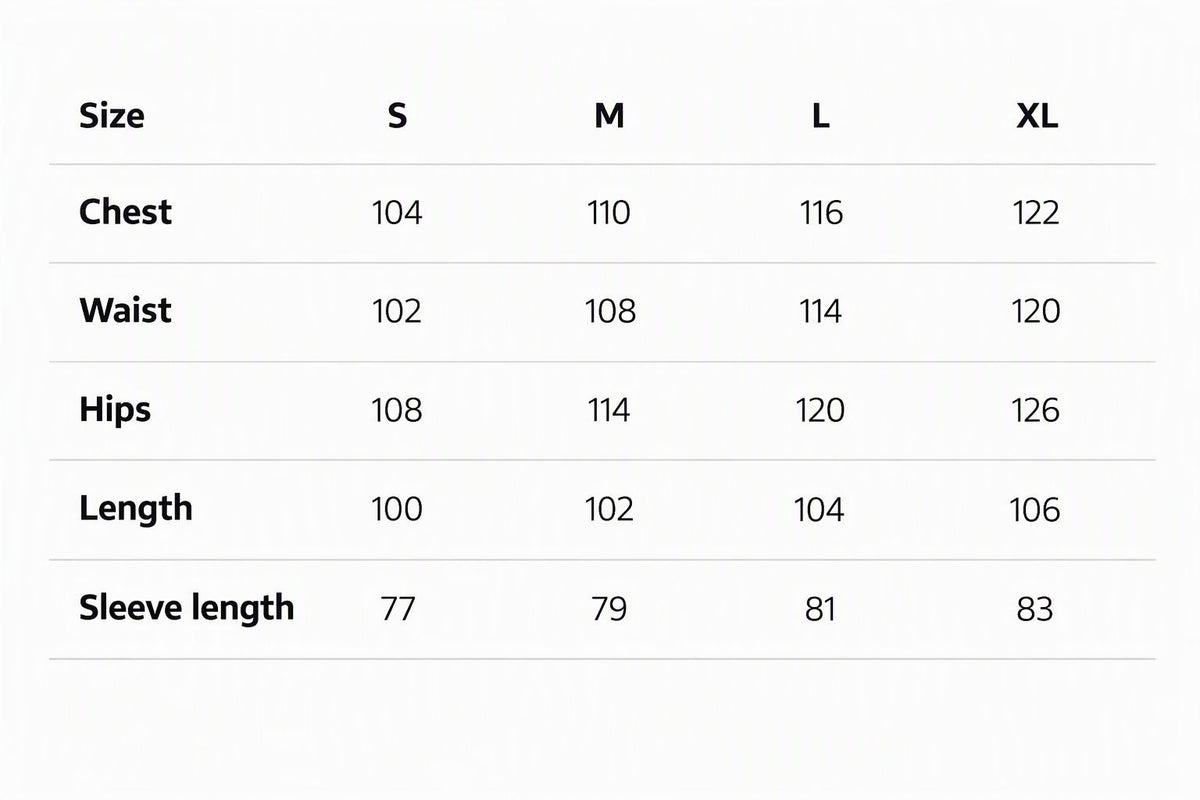 A size chart table showing measurements for S, M, L, and XL sizes, including chest, waist, hips, length, and sleeve length in centimeters and inches.