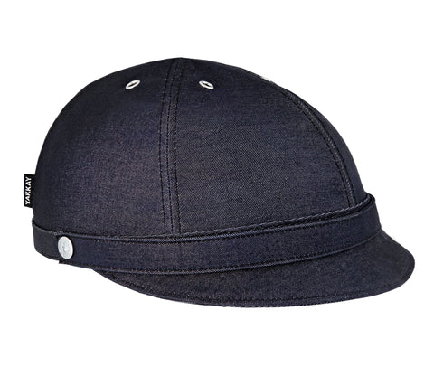Denim helmet cover on a white background